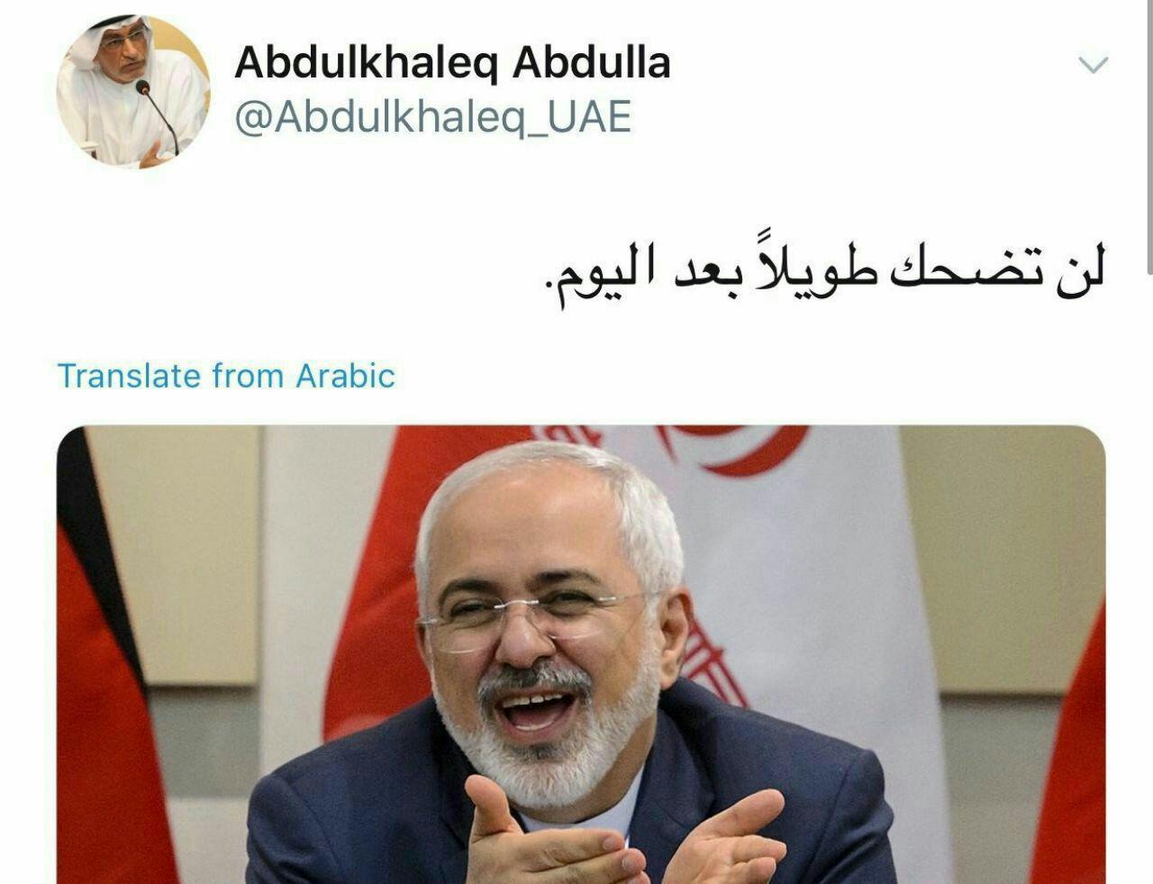 مشاور ولیعهد امارات خطاب به ظریف: دیگر لبخند نخواهی زد! +عکس