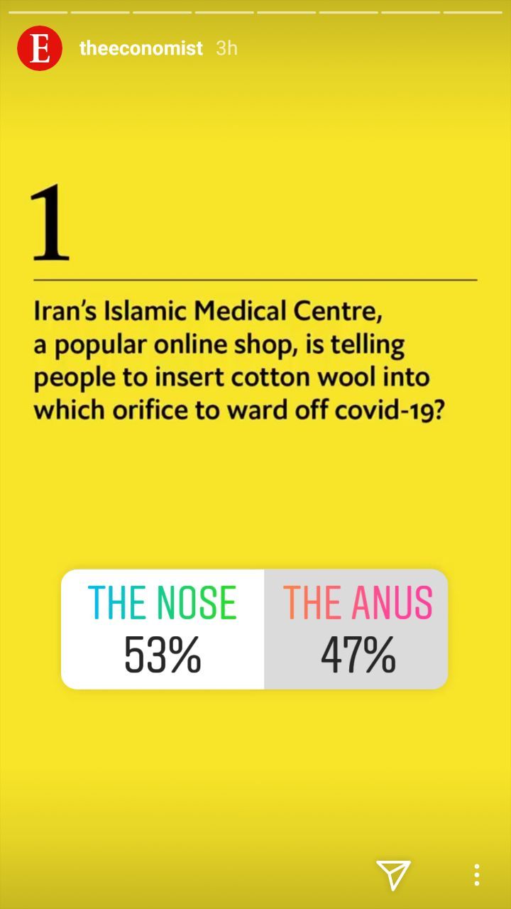 نظرسنجی مجله اکونومیست در خصوص پنبه را در کدام حفره بدن قرار بدهند؟ نظرسنجی مجله اکونومیست در خصوص پنبه را در کدام حفره بدن قرار بدهند؟